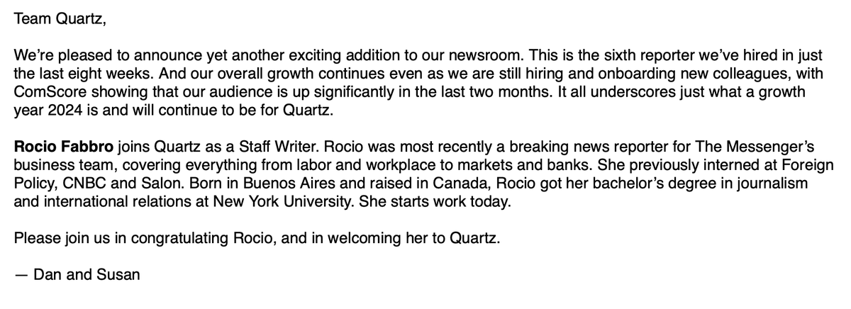 Quartz is growing!

It's so great to welcome <a href="/rociofabbro/">Rocío</a>, the sixth reporter we have hired in just eight weeks.

Memo to the newsroom.