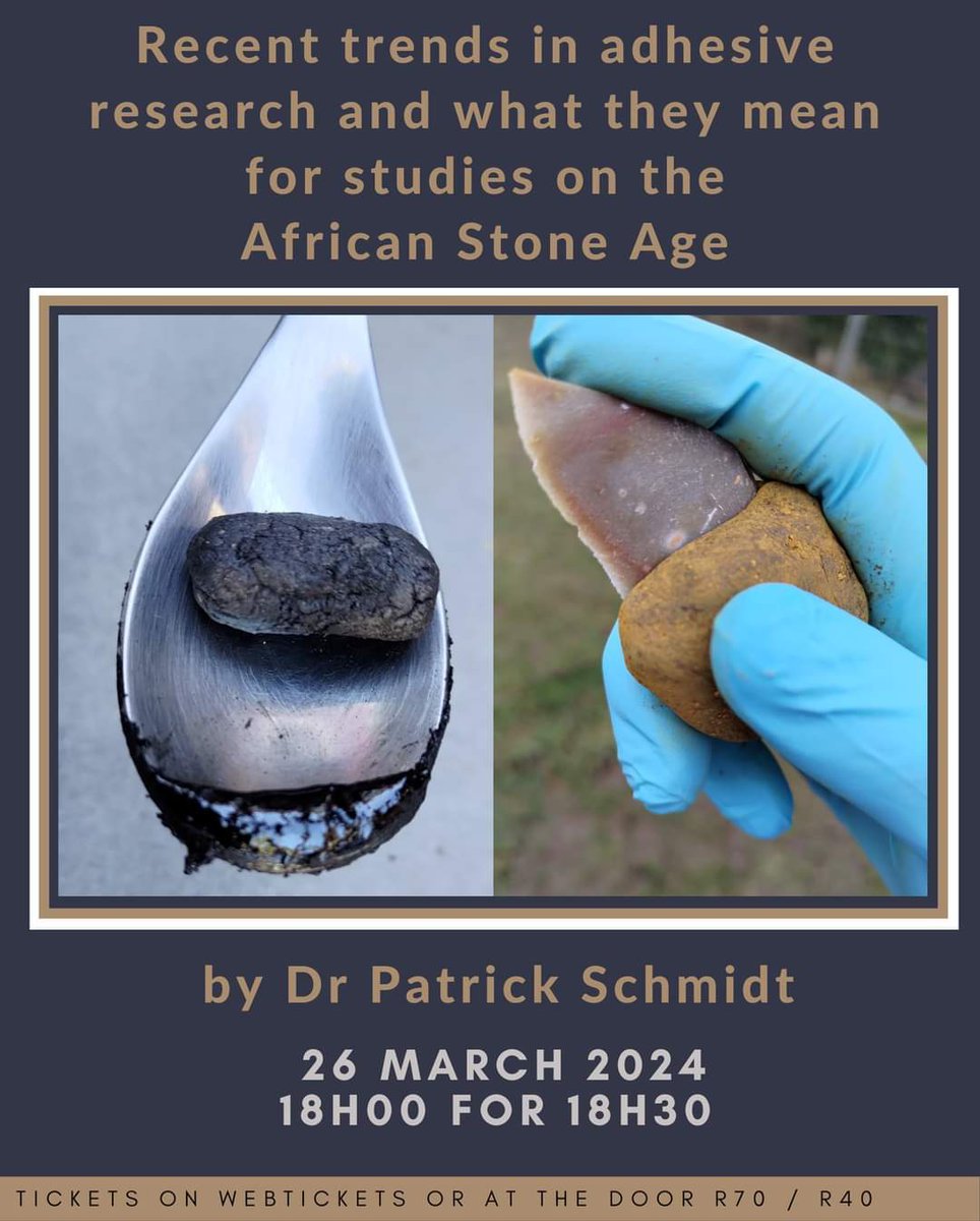 PUBLIC LECTURE at #OriginsCentre by Dr Patrick Schmidt Tuesday 26 March, 18:30 Dr Schmidt will review adhesive technologies of the African Middle Stone Age and the European Middle Palaeolithic, and the implications of ancient adhesives for Human Evolution
