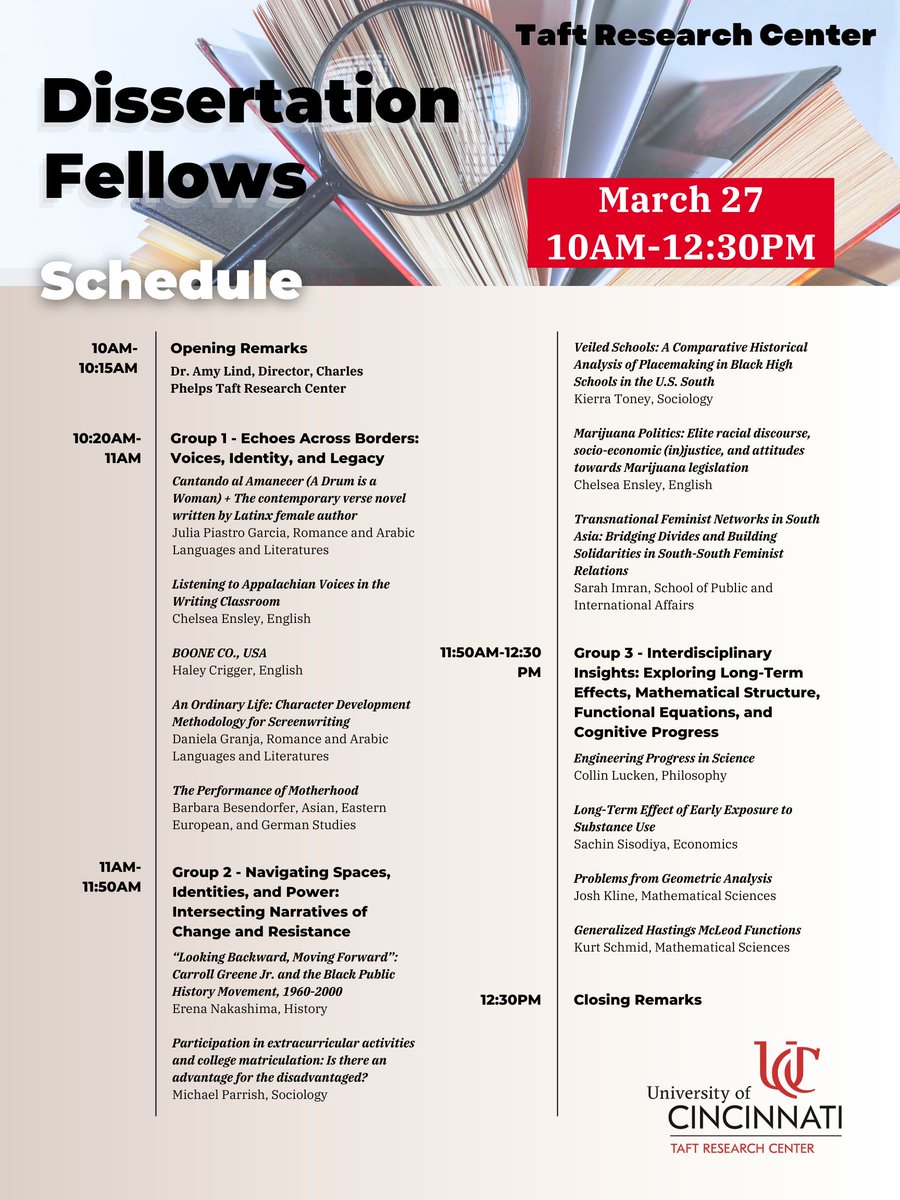 Thank you to all who attended our Annual Research Symposium Center Fellows presentations and Keynote last week! Our Taft Dissertation Fellows will help wrap up the symposium with their presentations this Wednesday, March 27. Attend in-person or via Zoom: bit.ly/TaftDFs
