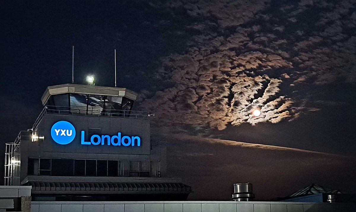 Brilliant photo of our tower in the moonlight, taken early this morning by Jazz Ramp Agent Alex Novak! #yxu #flyyxu #tower #photography #ldnont #airport #aviation