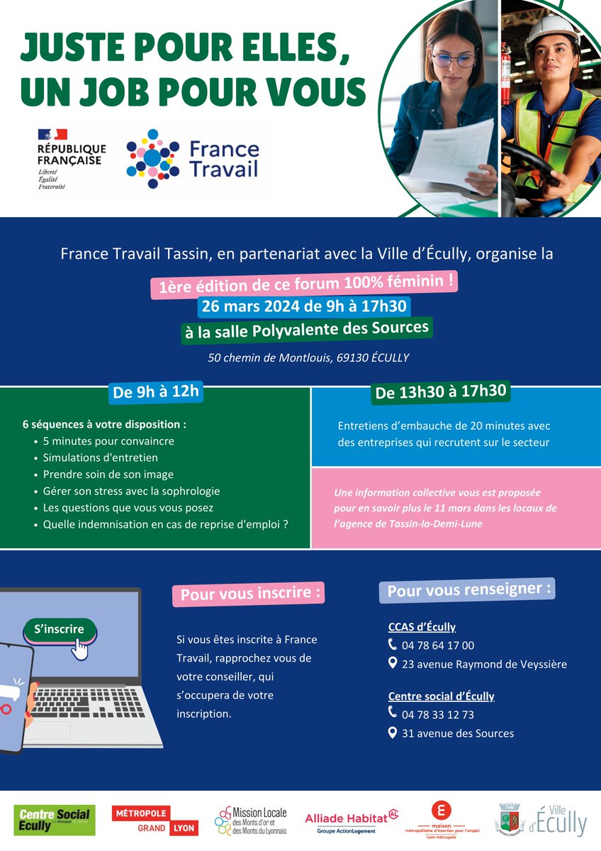 🚀Et c'est parti📢26mars 'Juste pour Elles, Un job pour vous' Avec #FTrance #tassin @FTravail_ARA partenariat avec : 📍la Ville d'#Ecully @MMIE_LyonMetrop CCAS d'#Ecully @grandlyon @MissionLocaleLY 👉6⃣ateliers 👉1⃣0⃣entreprises 👉+de 100 offres 👉9⃣0⃣candidates @J_Sanfilippo