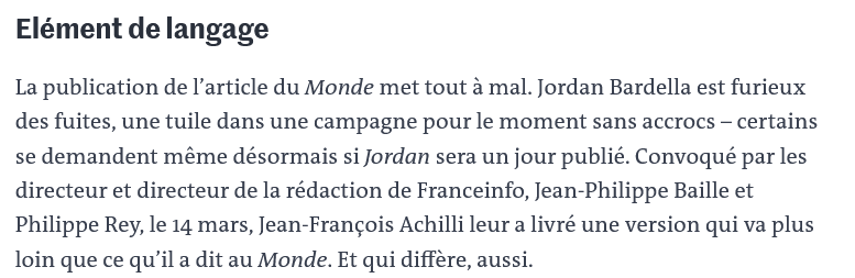 En interne, tout le monde cherche qui a "balancé" <a href="/JFAchilli/">Jean-François Achilli</a>. Certains, en privé, ne se gênent pas pour accuser un très influent député du Nord, qui prend un malin plaisir à invisibiliser <a href="/J_Bardella/">Jordan Bardella</a> dès qu'il le peut...