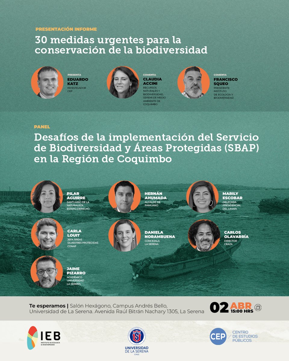 ¡Atención La Serena! 

El próximo martes 2 de abril, el CEP junto a la <a href="/userena/">U. de La Serena</a> y el <a href="/IEBChile/">Instituto de Ecología y Biodiversidad - IEB</a> presentará el libro "30 medidas urgentes para la conservación de la biodiversidad".

¡Te esperamos a contar de las 3 PM en el Campus Andrés Bello de la ULS!