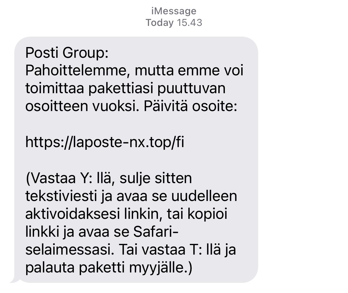 Ihan vaan vinkkinä: jos yrittää kalastella tietoja, tekstaria ei kannata lähettää <a href="/Postigroup/">Posti</a> nimissä osoitteesta lover916 😂. #tietoturva #turvallisuus #digitaidot #verkkokauppa