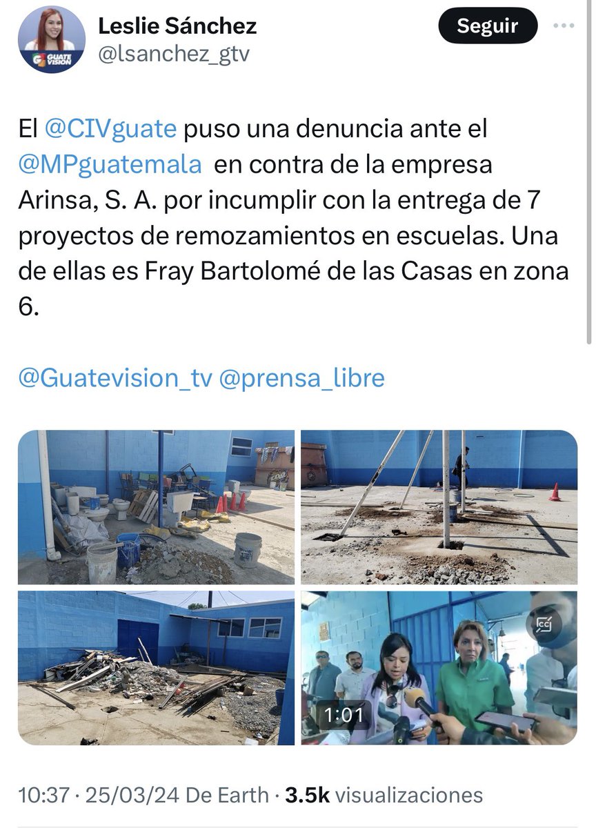 🚨URGENTE 🚨El @CIVguate puso una denuncia ante el @MPguatemala en contra de la empresa Arinsa, S. A. por incumplir con la entrega de 7 proyectos de remozamientos en escuelas. Una de ellas es Fray Bartolomé de las Casas en zona 6.”
📌Veamos si hay avances de las denuncias. 👀👀…