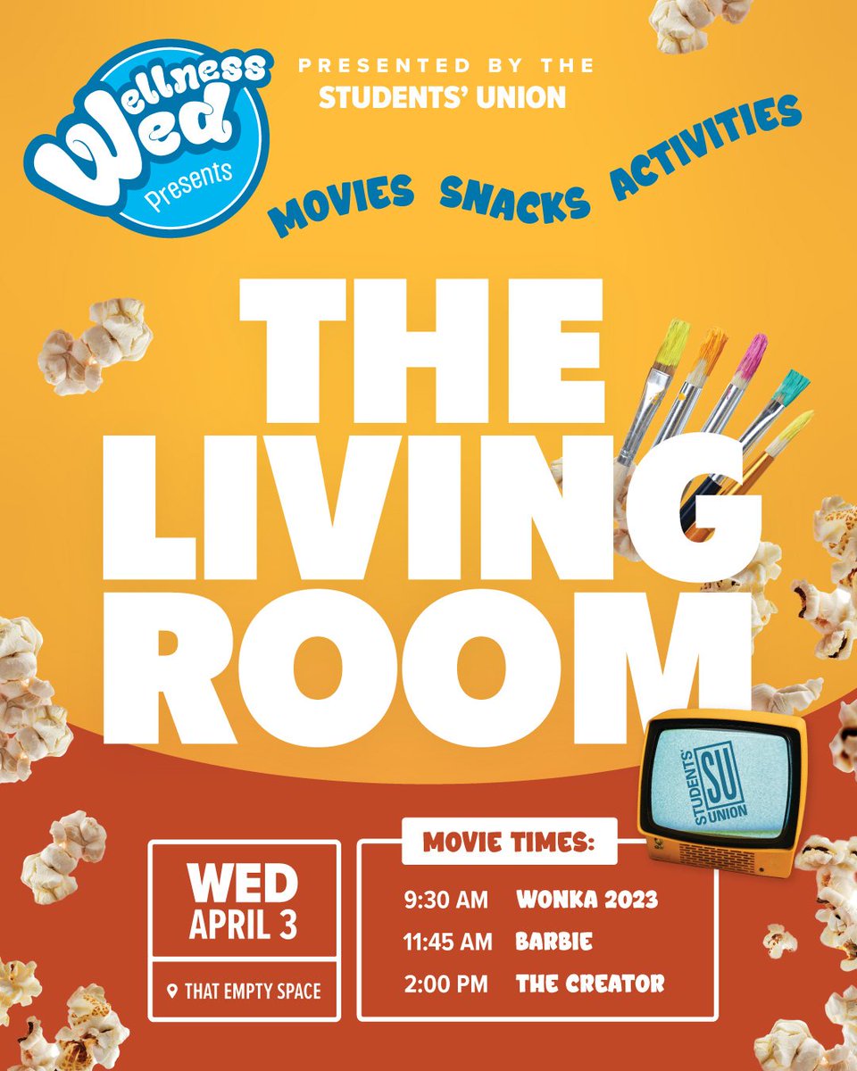 Lights, Painting, Action!

Unwind at The Living Room! Join us for movies, tasty snacks, and painting on Wednesday, April 3 at That Empty Space. 

Movie Times:
9:30 am - Wonka 2023
11:45 am - Barbie
2:00 pm - The Creator 

#suuofc #ucalgary #studentlife