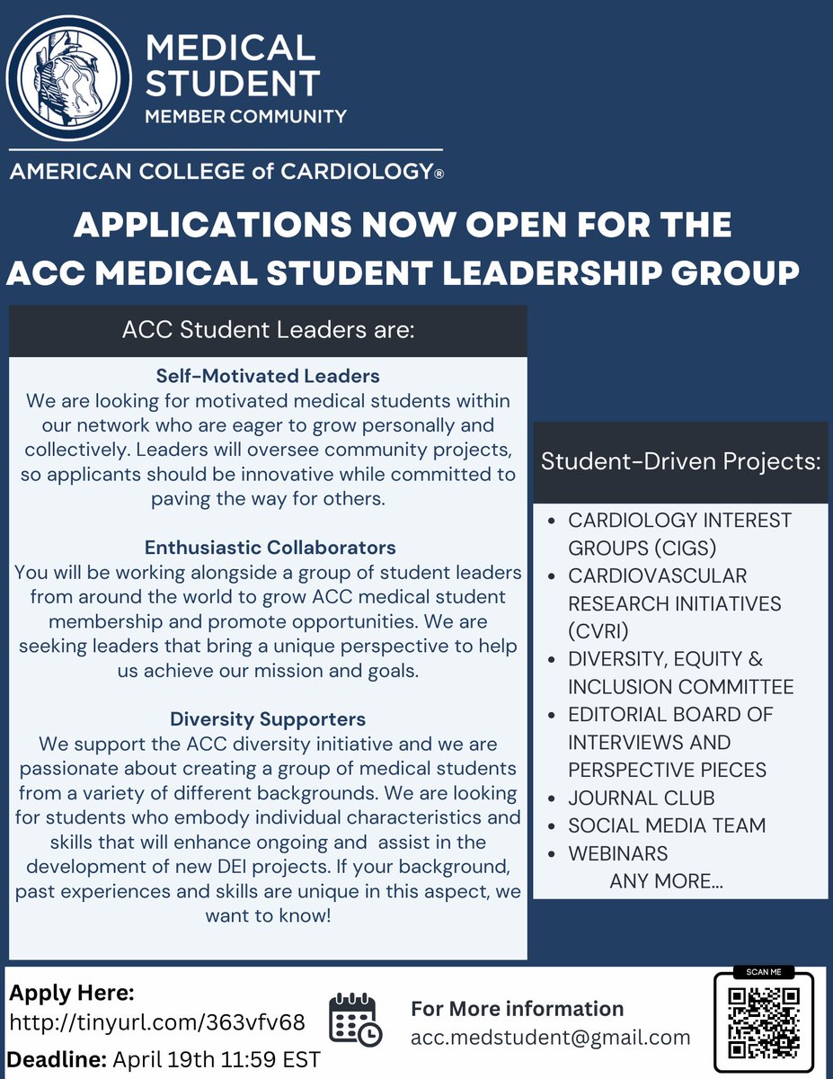 🚨Calling all ACC Medical Students 🚨

Interested in being part of #ACCMedStudent Leadership?🫀🩺We are excited to announce that leadership applications for the next academic year are NOW OPEN! Deadline is April 19th! See flyer below for more information: