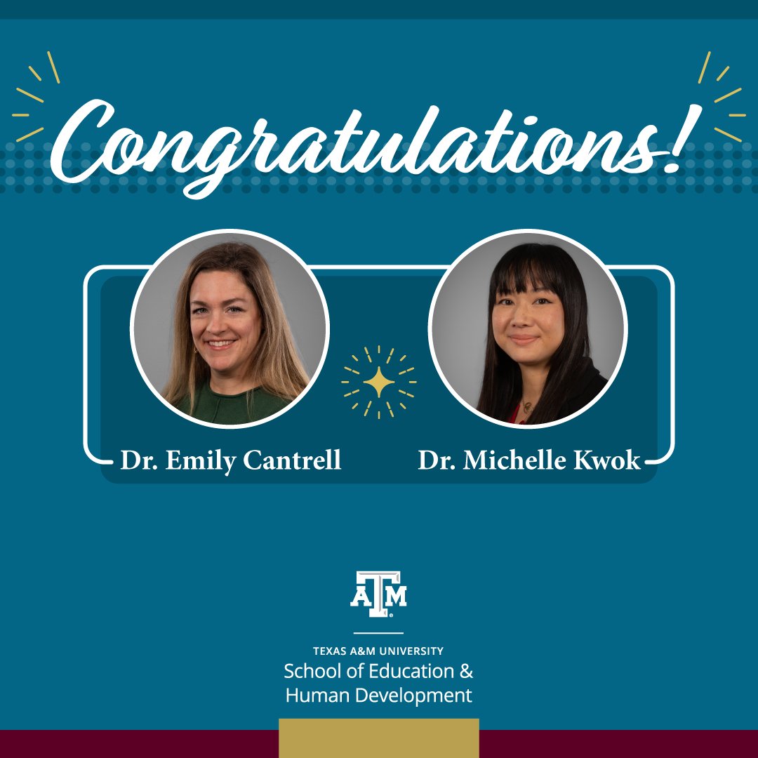 Texas A&M College of Education & Human Development (@cehdtamu) on Twitter photo Join us in congratulating Drs. Emily Cantrell and Michelle Kwok for receiving the Association of Former Students' 2024 Distinguished Achievement Award for their outstanding efforts in teaching.
#TAMU #SEHD #GoodBull #GigEm #TXEd #Teaching Join us in congratulating Drs. Emily Cantrell and Michelle Kwok for receiving the Association of Former Students' 2024 Distinguished Achievement Award for their outstanding efforts in teaching.
#TAMU #SEHD #GoodBull #GigEm #TXEd #Teaching