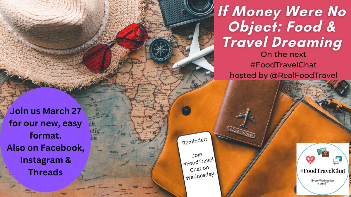 Set your mind wandering and let the food & travel dreaming begin! Join us for #FoodTravelChat Wed. March 27. Preview the three questions we'll be asking in the article below. 👇 realfoodtraveler.com/this-week-on-f…