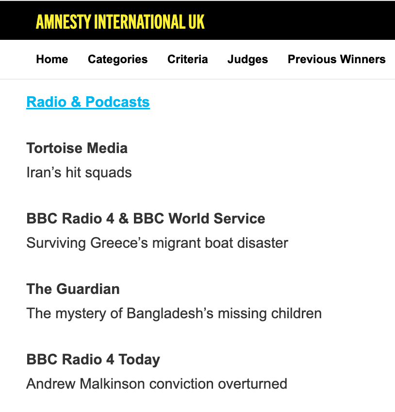 "Iran's Hit Squads" – the podcast <a href="/JoannaSeirian/">Joanna Humphreys</a> and I made on Iran's attempts to assassinate people in Britain – is a finalist for an Amnesty International Media Award.

Russia has become infamous for killing its enemies on foreign soil, but Iran...