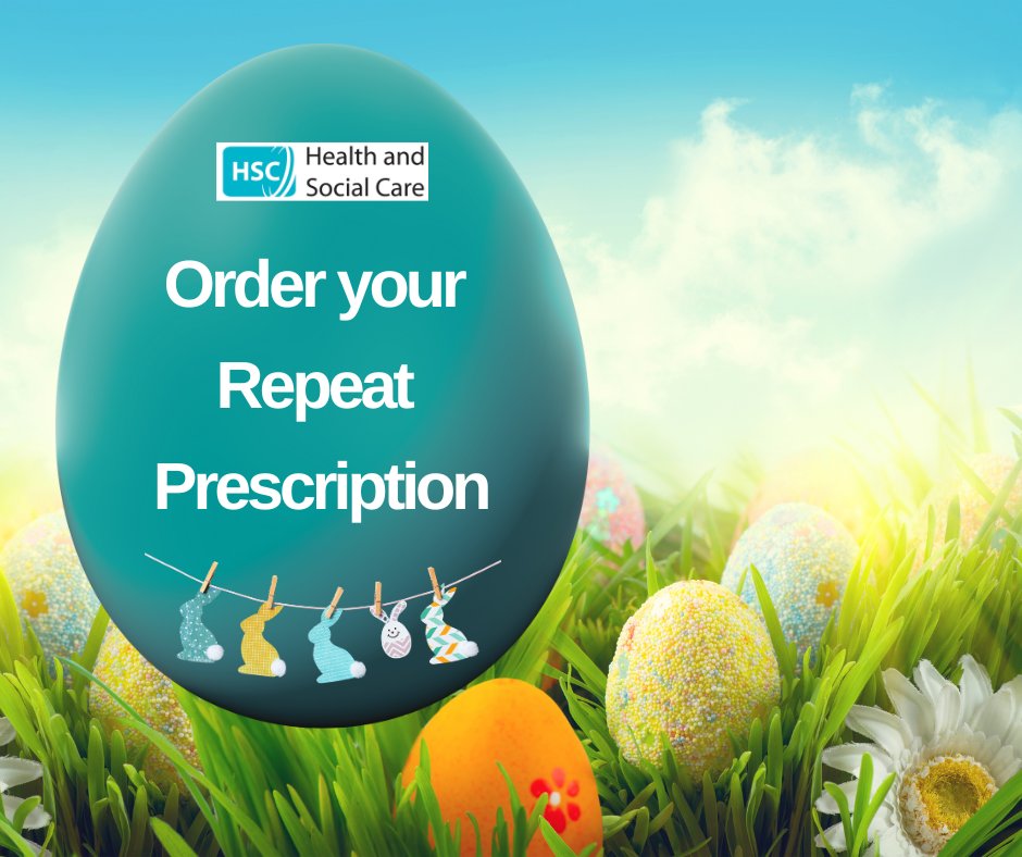 The Easter Bank Holiday weekend is approaching. Gentle reminder to order your Repeat Prescription now to ensure you will have your medication! GP Practices will be closed on Monday 1 and Tuesday 2 April 2024.