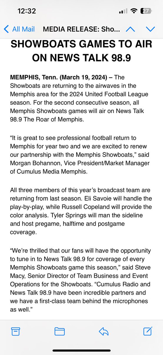 Russell S Copeland Sr. (@rcopeland03) on Twitter photo I am very excited and thrilled to be back as the Color Analyst for the Showboats alongside <a href="/Eli560/">Eli Savoie</a> and with <a href="/TyphoonSprings/">Tyler Springs</a>. listen to Pre-Game at 1:30 Broadcast at 2:00 Sunday 3/31/2024 on News Talk 98.9 The Roar of Memphis. Showboats vs Houston Roughnecks I am very excited and thrilled to be back as the Color Analyst for the Showboats alongside <a href="/Eli560/">Eli Savoie</a> and with <a href="/TyphoonSprings/">Tyler Springs</a>. listen to Pre-Game at 1:30 Broadcast at 2:00 Sunday 3/31/2024 on News Talk 98.9 The Roar of Memphis. Showboats vs Houston Roughnecks