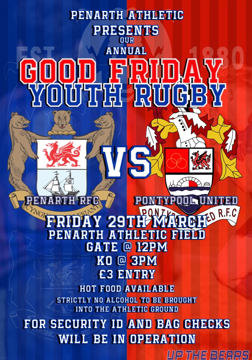 📣 Good Friday Rugby 📣 There will be no parking at the club for anyone (even committee members) so please arrive earlier to find parking. 🏉 Youth 🆚 Pontypool United 📍 Penarth Athletic Club ⏰ 1500 KO #youth #goodfriday2024 #upthebears 🐻