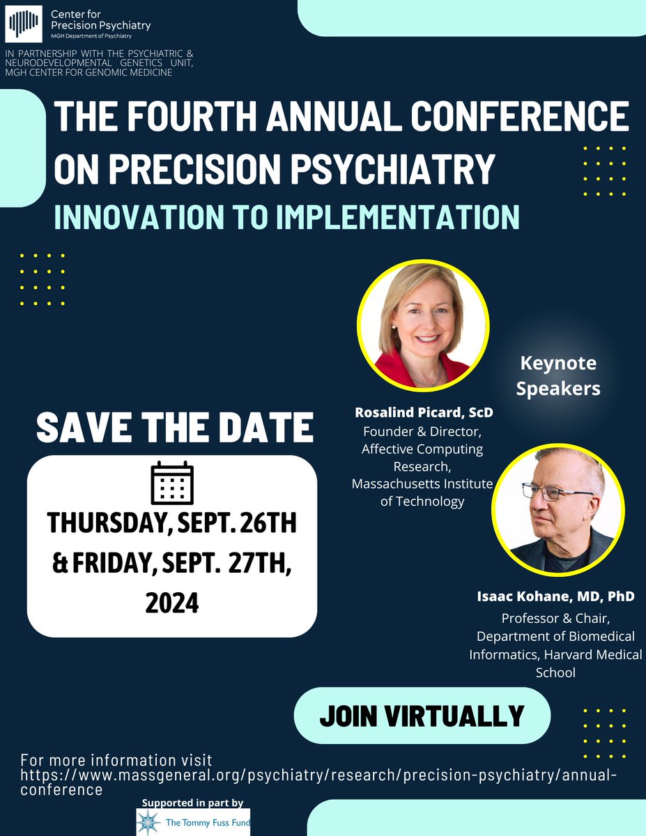 SAVE THE DATE! The 4th Annual Conference on Precision Psychiatry, 'Innovation to Implementation' will be held virtually on Thursday Sept 26th & Friday Sept 27th, 2024! Keep an eye on the CPP Conference website for more information! massgeneral.org/psychiatry/res…