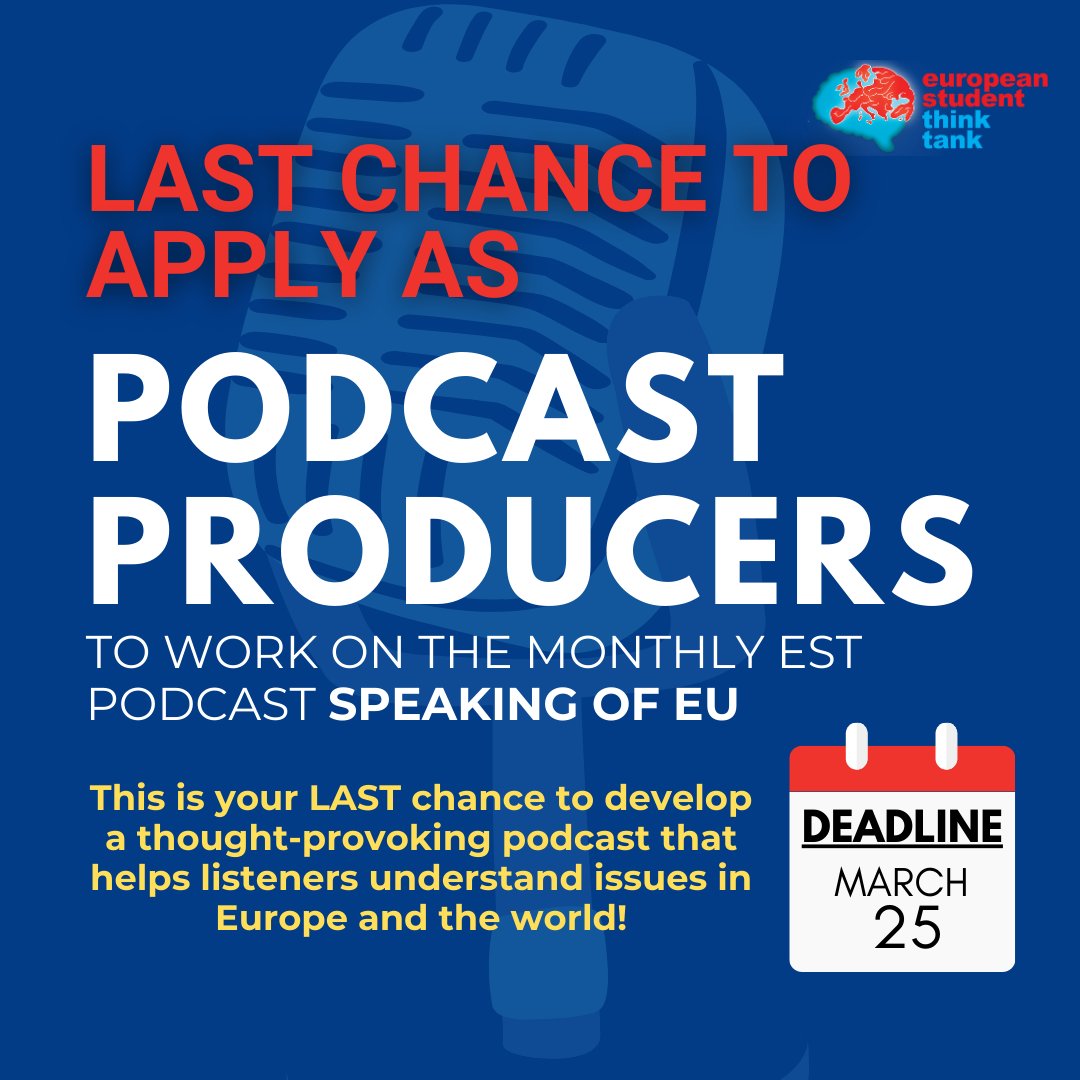 🚨Very last chance to apply!🚨 🎙️The European Student Think Tank is looking for a Podcast Producer and a Multimedia Producer to work on Speaking of EU. 🔗More details here: esthinktank.com/join-the-podca…