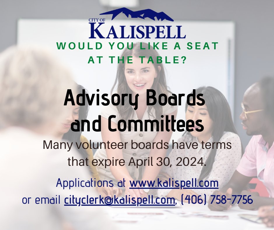 City boards and committees have terms expiring 4-30-24. Have interest in serving? Check out board pages to see which boards have terms expiring or vacancies. Board applications for expiring terms due by 5 pm on April 9 for the April 15 council meeting. kalispell.com/155/Boards-Com…