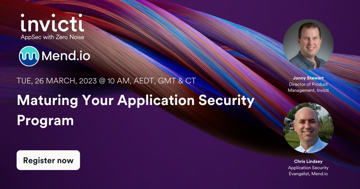 alexarogers87's tweet photo. Don't miss @InvictiSecurity's next webinar, tomorrow, March 26th, with @Mend_io!

We'll show you the benefits of a comprehensive scanning approach and practical tips for navigating security hurdles.  

Register here → https://t.co/zaAOhS9ZLe  

#AppsecTesting #AppSec https://t.co/qIuquPYLHa