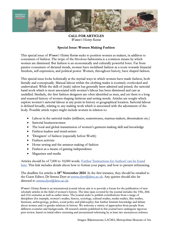 Dr Serena Dyer (@serena_dyer) on Twitter photo I am delighted to share the š¢ CALL FOR ARTICLES š¢for a special issue of <a href="/womenshistrev/">Women's History Review</a> that I am editing on šŖ” Women Making Fashion šŖ” Please do get in touch if you would like to discuss an article idea. More information is available here: serenadyer.co.uk/_files/ugd/8c4⦠I am delighted to share the š¢ CALL FOR ARTICLES š¢for a special issue of <a href="/womenshistrev/">Women's History Review</a> that I am editing on šŖ” Women Making Fashion šŖ” Please do get in touch if you would like to discuss an article idea. More information is available here: serenadyer.co.uk/_files/ugd/8c4ā¦