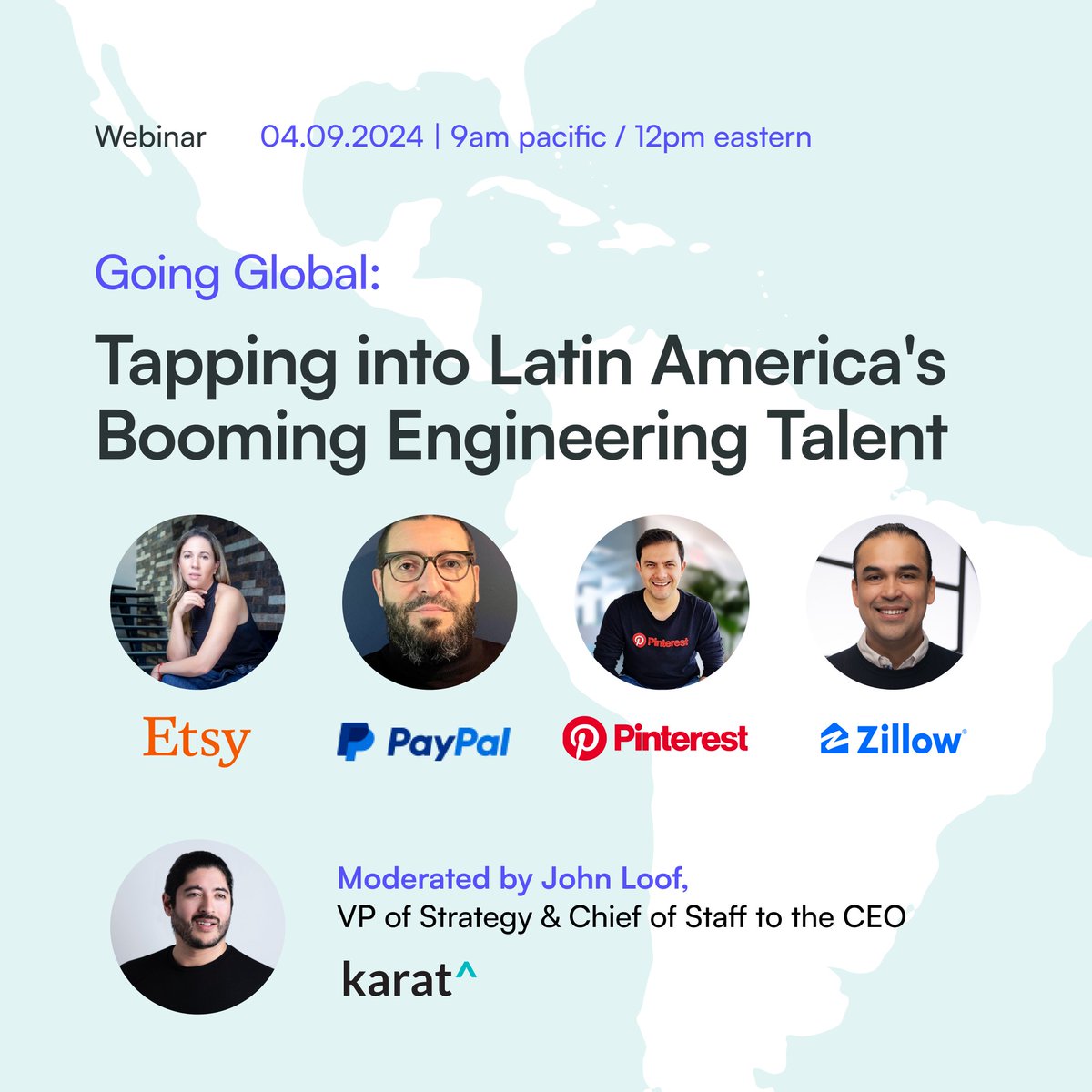 Want to ask the talent leaders from @Etsy, @PayPal, @Pinterest, or @zillow about hiring #SoftwareEngineers in Latin America? Now’s your chance! Don’t forget to register for the webinar on April 9: bit.ly/3TDpuFp