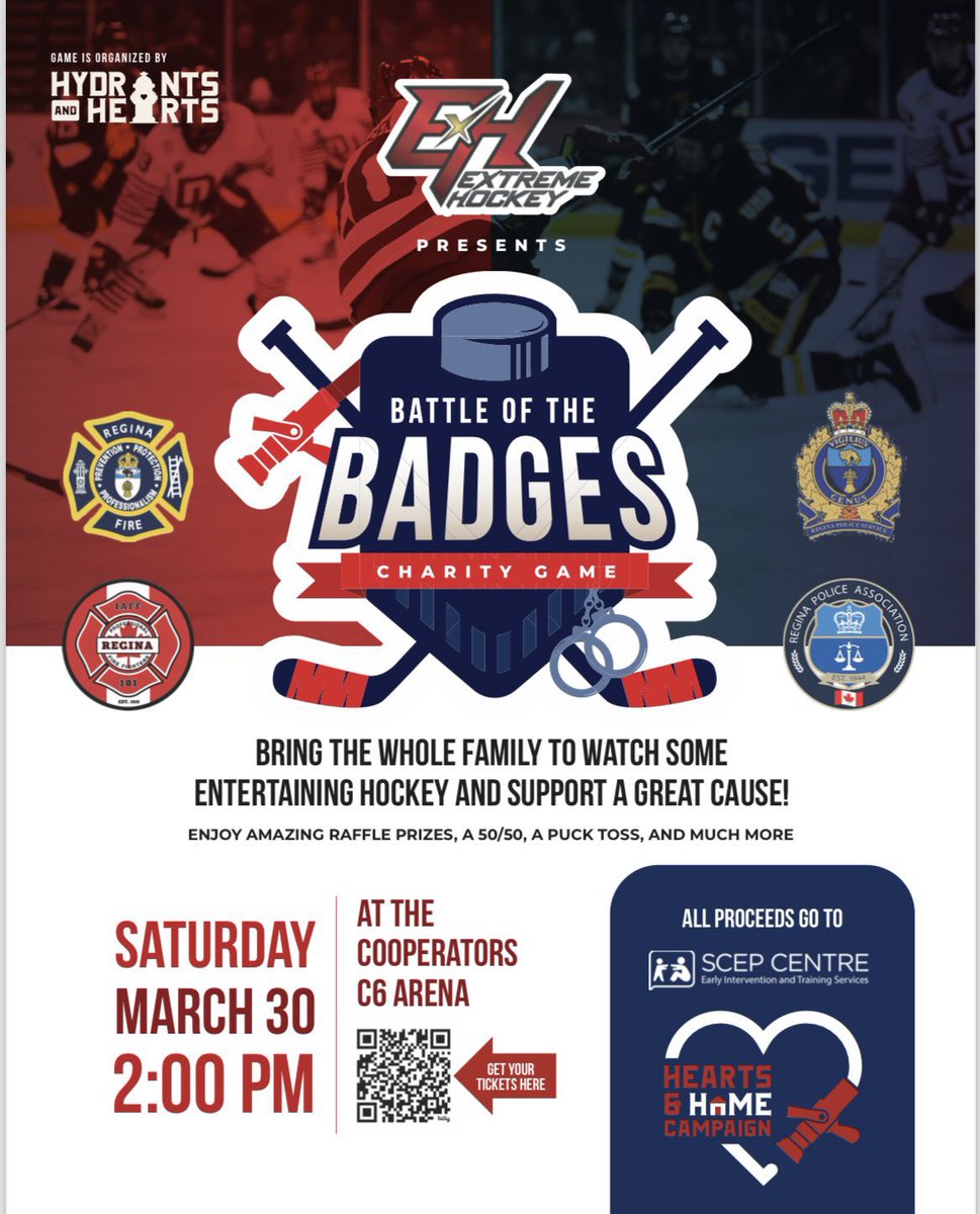 Get your tickets soon for the upcoming Battle of the Badges hockey game on Saturday, March 30th. Game time is 2pm! Great fun for a great cause! #YQR