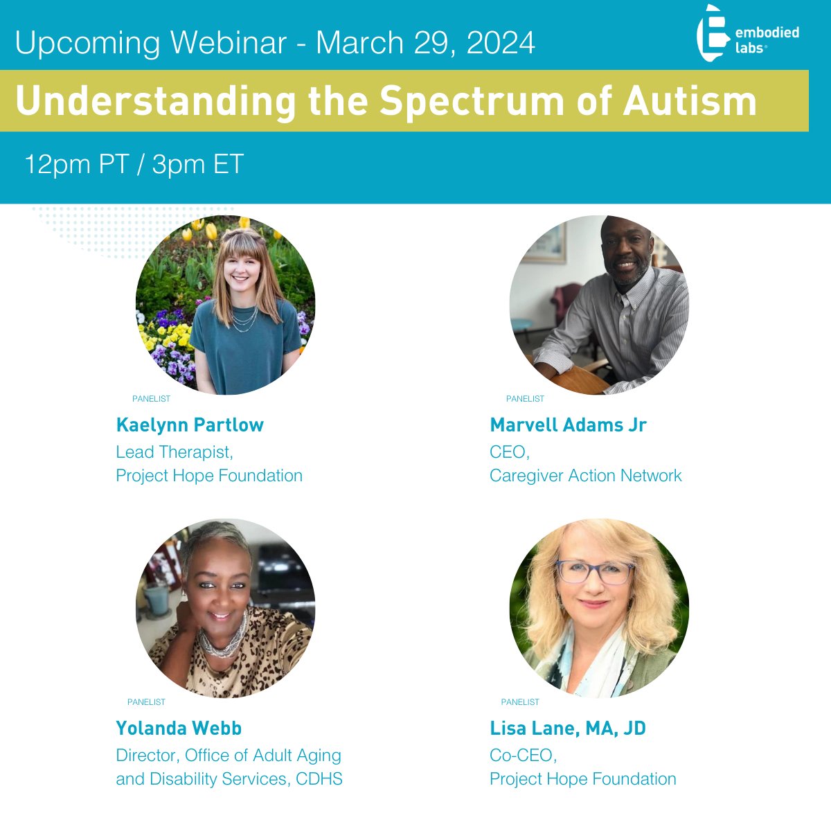 Join Embodied Labs, the Caregiver Action Network and top autism advocates to discuss common struggles that members of the autism community face and gain insight into various behavioral expressions. March 29, 2024 12pm PT/3pm ET Reserve a spot today: hubs.la/Q02qy-P_0