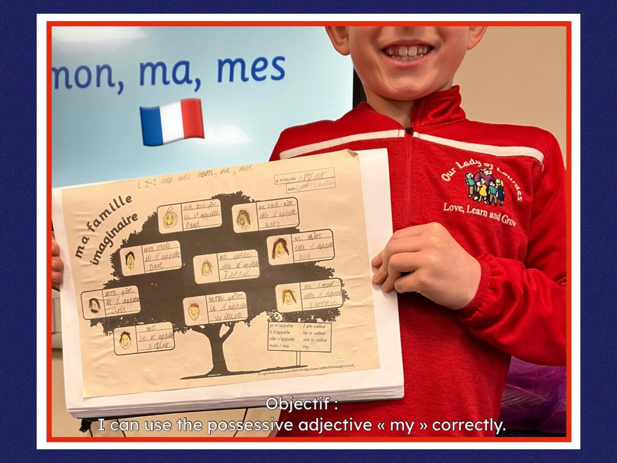 🇫🇷KS2 Ma famille imaginaire ! (My imaginary family!) 👨‍👩‍👧‍👦 This half-term, Y3 children have been learning how to introduce different family members focusing on using the possessive adjectives mon, ma and mes (my) correctly ✅. Bravo les enfants ! 👏🏽 #primaryfrench @LightBulbLangs