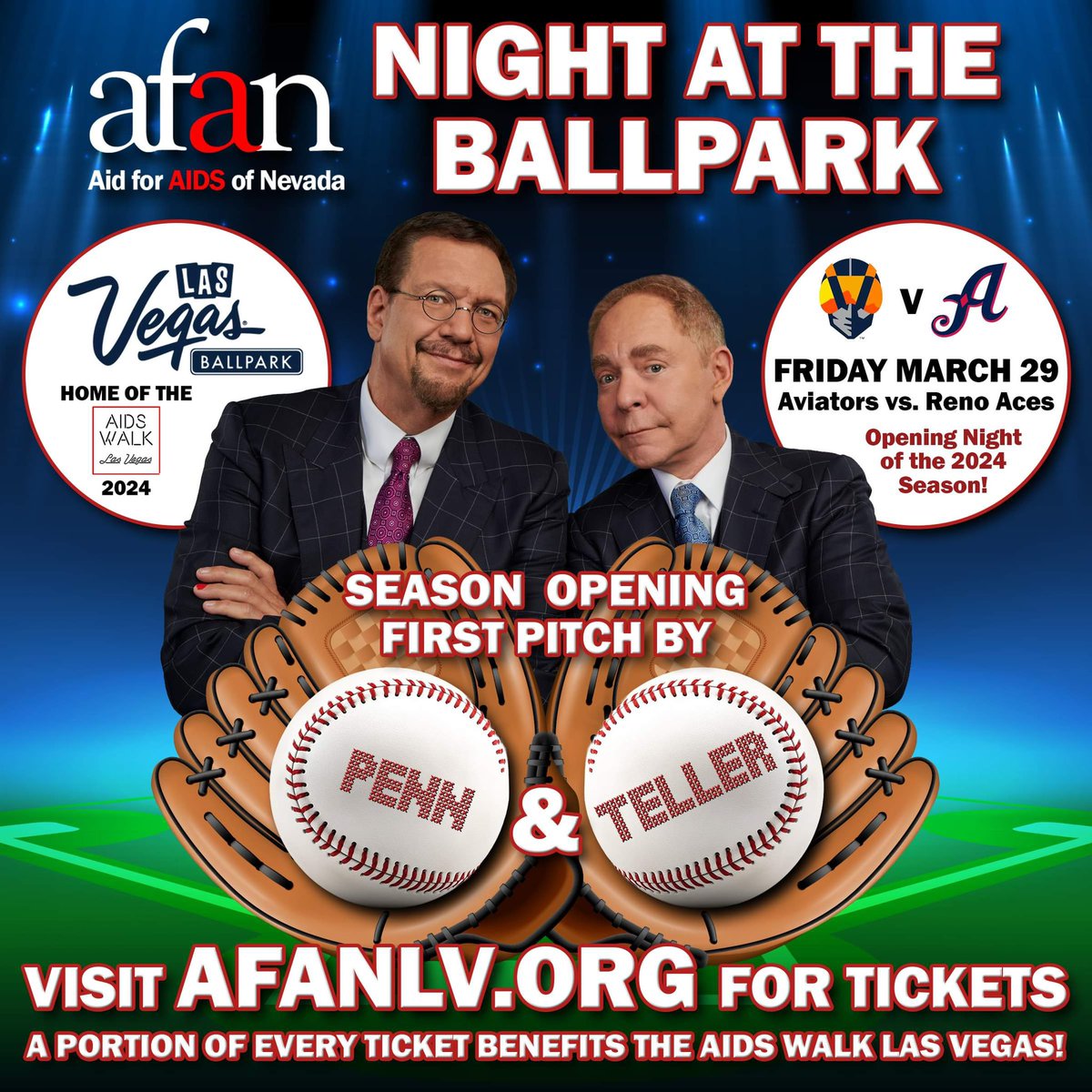 ⚾️ Join AFAN for a night at the Las Vegas Ballpark for the Aviators season opening game! Las Vegas Aviators vs Reno Aces. <a href="/MrTeller/">Teller</a> <a href="/pennjillette/">Penn Jillette</a> 

GET TICKETS HERE: fevo.me/2024afanaidswa… 
A portion of your ticket(s) supports AFAN (Aid for AIDS of Nevada)