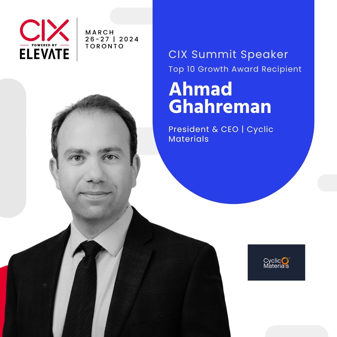 Earlier this week, CEO @a_ghahreman attended the @CIXCommunity Summit in #Toronto to receive our 2024 Top 10 Growth #award and present the work we are doing at Cyclic. Thank you to #CIX for having us!