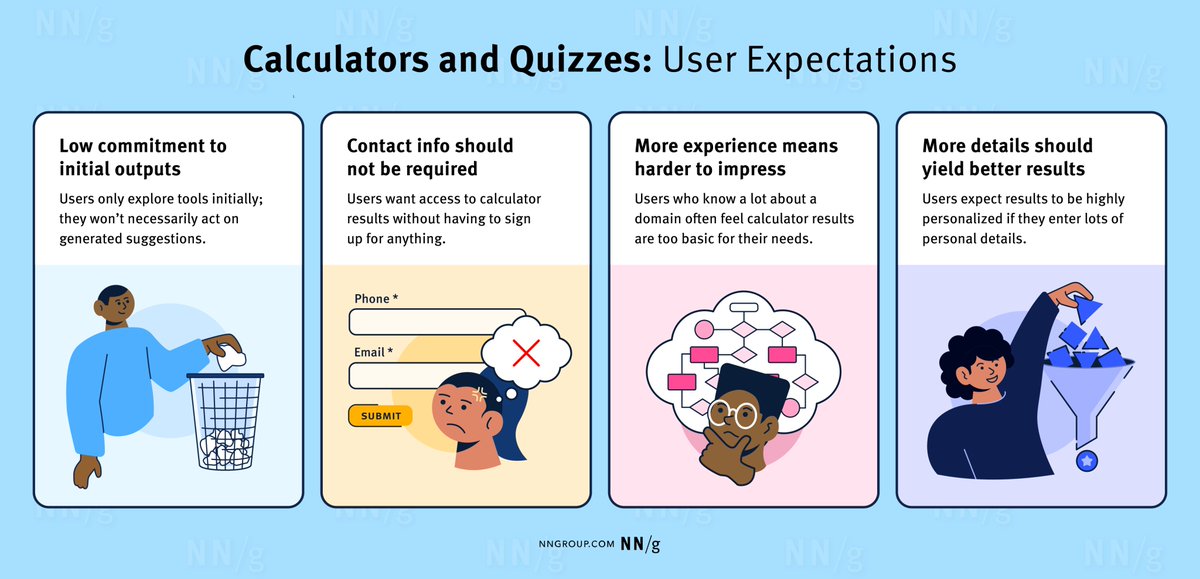 Calculators and quizzes provide personalized information. Users approach these tools with an exploratory mindset and appreciate them while making decisions. Read the full article: nngroup.com/articles/calcu…
#ux #uxdesign