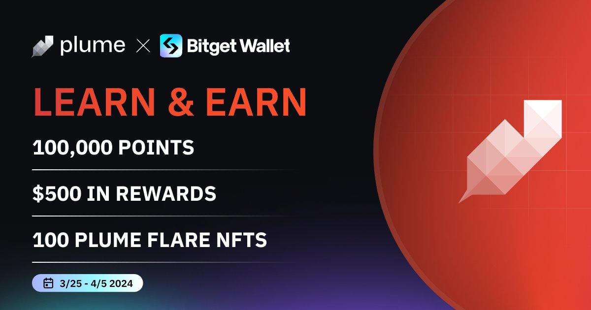 plumenetwork's tweet image. Our campaign with @BitgetWallet has officially begun! We're giving away 100,000 Plume Points, so head over to Galxe to learn more about the details of our joint campaign.

🪶 Chance to earn $BWB points and Plume points 
💰 $500 raffle and NFT 
📅 March 25th- April 5th…