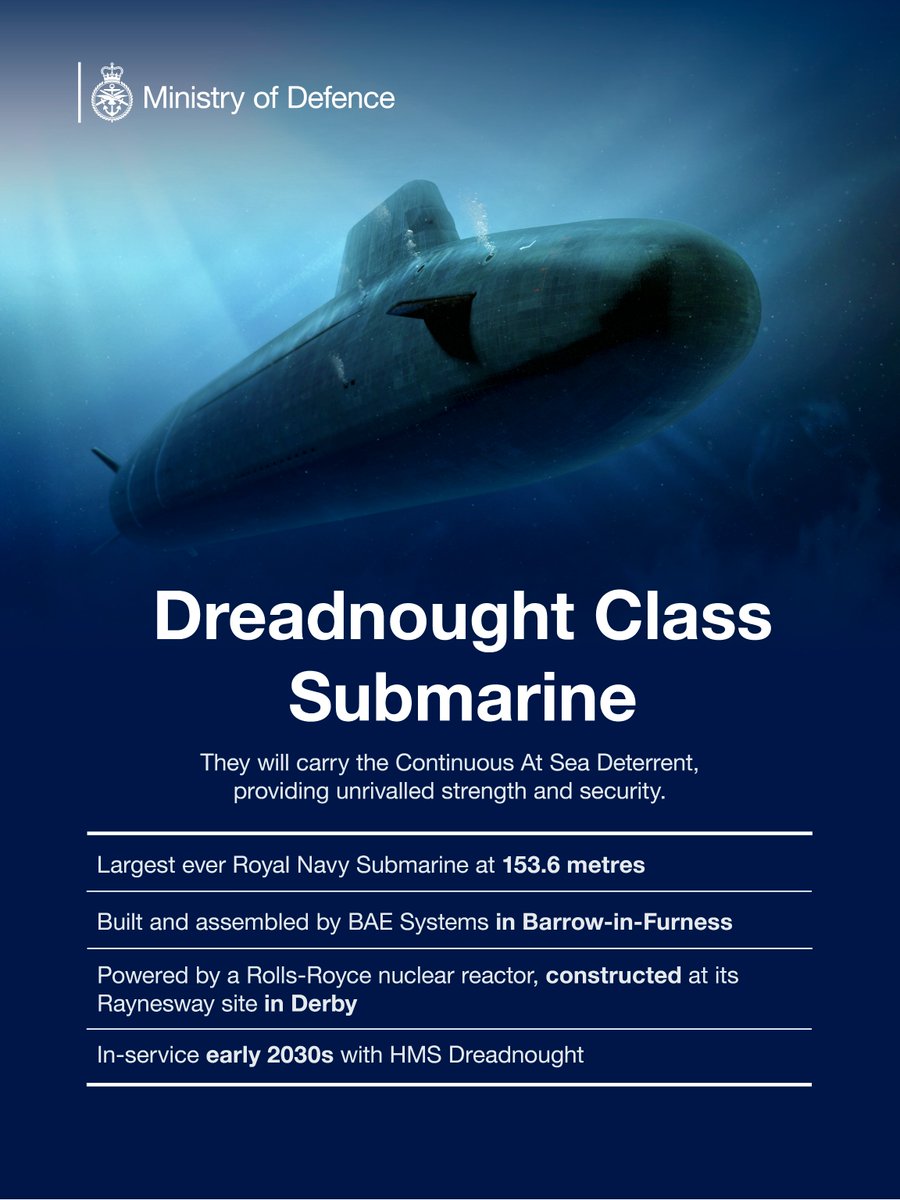 The 🇬🇧 is building the largest ever @RoyalNavy submarine to carry our Continuous At Sea Deterrent. It will use innovative lighting and a modern gym to help support living conditions for the crew of 130. #DeliveringDefence 👉ow.ly/73xX50QYRLP