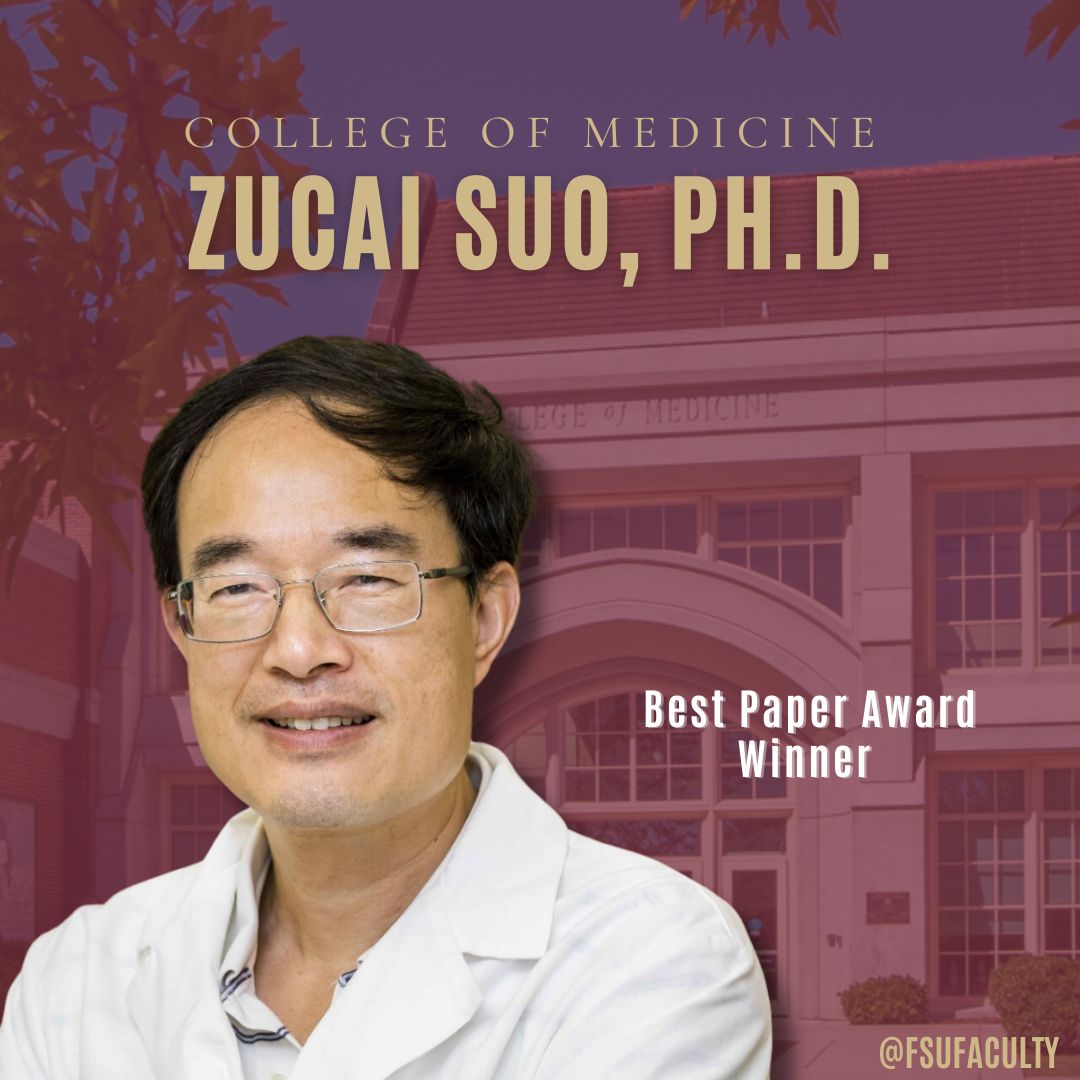 Zucai Suo, Ph.D. at @FSUCoM 🎓🔬, was selected as the first-prize winner of the Cells Best Paper Awards 🏆📝 among papers published in the journal in 2023 for his article “Mesenchymal Stem Cell-Derived Exosomes: Applications in Regenerative Medicine.” 🧬💉 #FSUFaculty #FSU