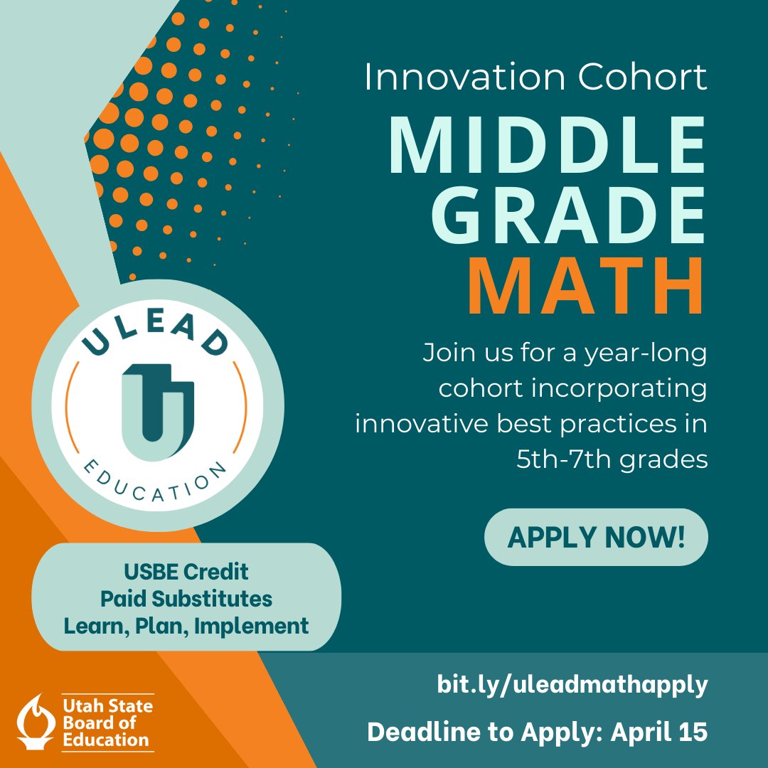 🌟 Excited to announce the ULEAD Innovation Cohort: Middle School Math! 5th, 6th, & 7th-grade teams collaborate to revolutionize math education with research-backed strategies and expert guidance. Join in-person or virtually for FREE! #Mathing #UtahEducators #MtBos #UCTM