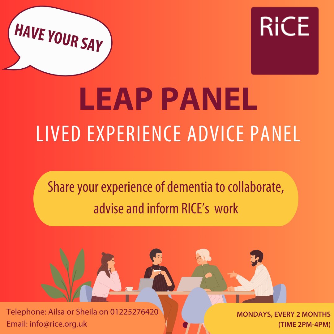 Do you live with dementia or care for someone that does? Help shape RICE services by sharing your experience. A casual meeting every 2 months to collaborate with us on upcoming projects. Have your say! Sign up: rice.org.uk/events-and-act…