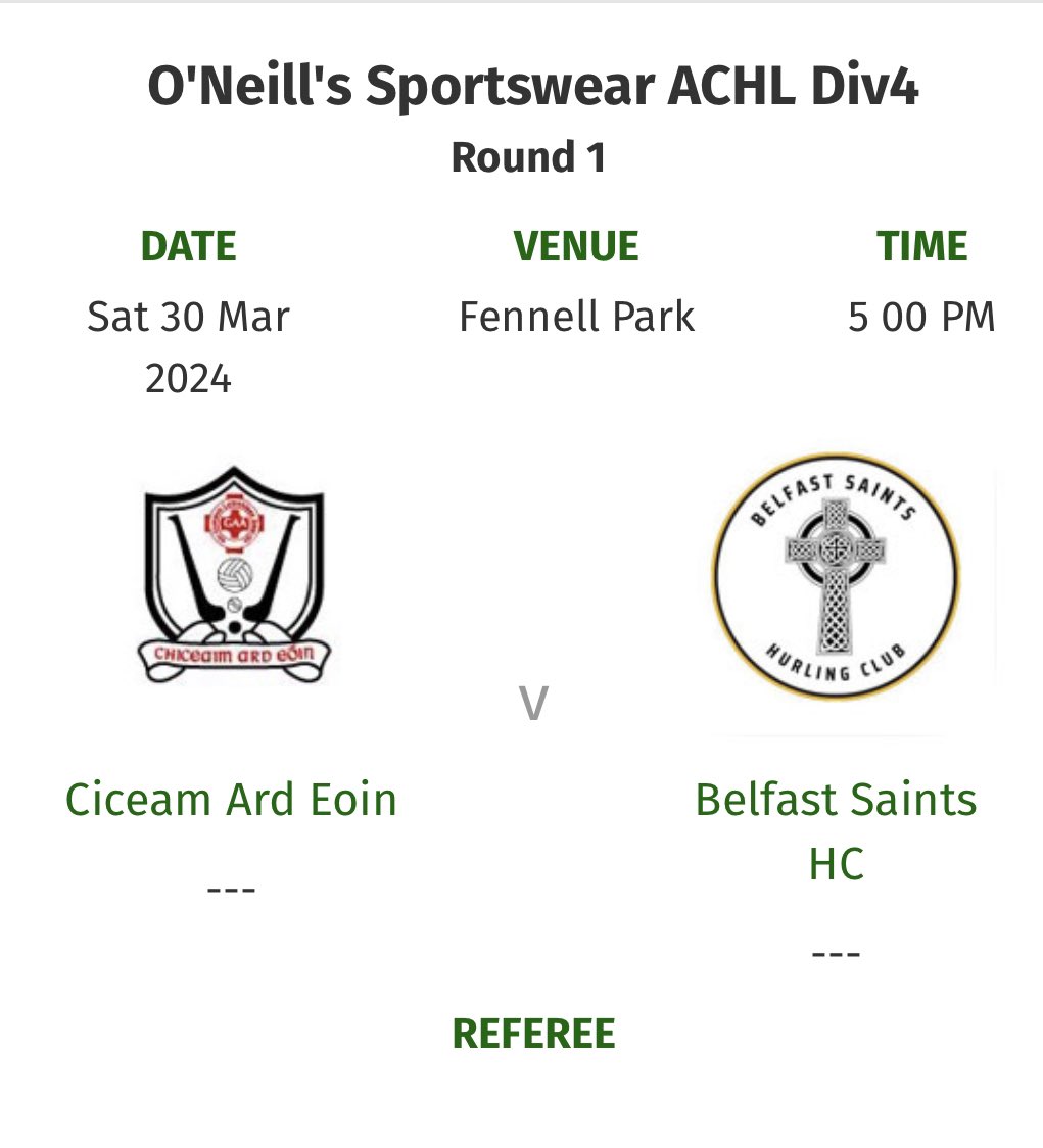 Belfast Saints Hurling Club (@belfastsaints) on Twitter photo We open our league campaign this Saturday with an away game v <a href="/ardoynegac/">CLG Ard Eoin</a> @ Fennell Park (The Cricky)
Throw in 5pm.
<a href="/naomhtreasa1963/">Naomh Treasa CLG</a> <a href="/Naomh_Una_clg/">St Agnes GAC</a> <a href="/AontroimGAA/">Antrim GAA</a> We open our league campaign this Saturday with an away game v <a href="/ardoynegac/">CLG Ard Eoin</a> @ Fennell Park (The Cricky)
Throw in 5pm.
<a href="/naomhtreasa1963/">Naomh Treasa CLG</a> <a href="/Naomh_Una_clg/">St Agnes GAC</a> <a href="/AontroimGAA/">Antrim GAA</a>