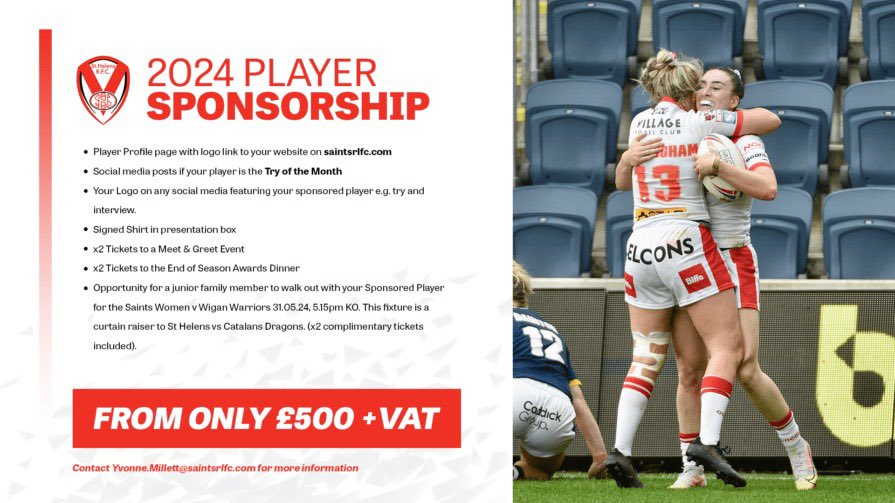 I am so excited for the 2024 season to make more amazing memories with this club! I am looking for a sponsor to come on board to support me in my first season for @saints1890women. Anyone interested can please get in touch with yvonne.millet@saintsrlfc.com for more information