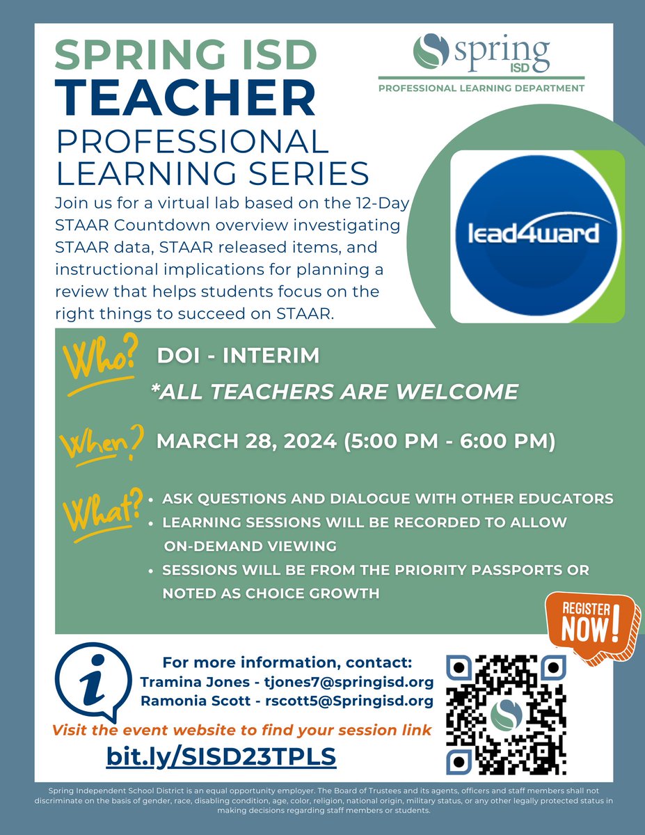 📢Calling ALL Spring ISD Superstar Teachers! Join @SISD_TheForce for some insightful virtual lab sessions to review STAAR items. Register now at bit.ly/SISD23TPLS. Don't miss out! @moniqueslewis @HilarionMartin1 @LaTracyHarris @SISD_CoA