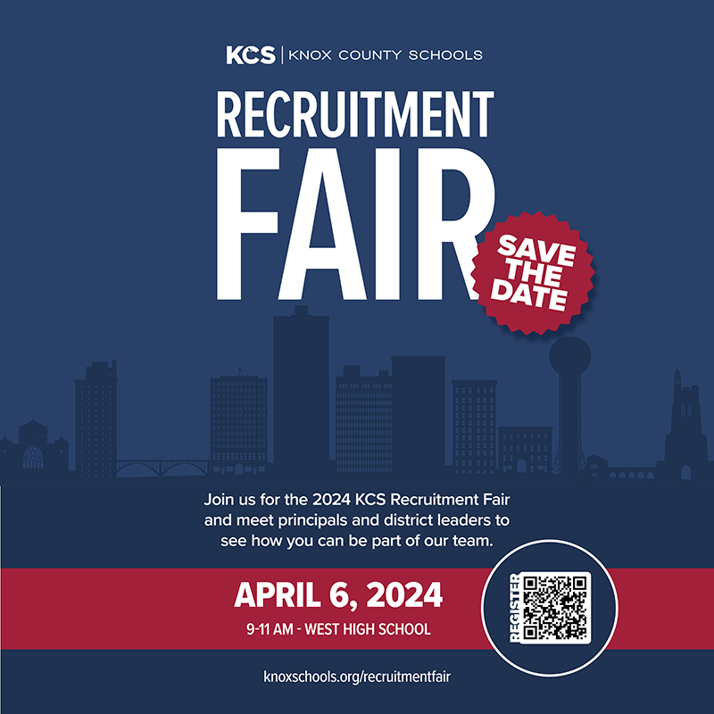 Interested in making a difference? 💡 Join us at the KCS Recruitment Fair on April 6 at West High. Explore exciting opportunities for teachers & support staff, connect with school leaders, & discover the perks awaiting you.🚀 Visit knoxschools.org/recruitmentfair for details.