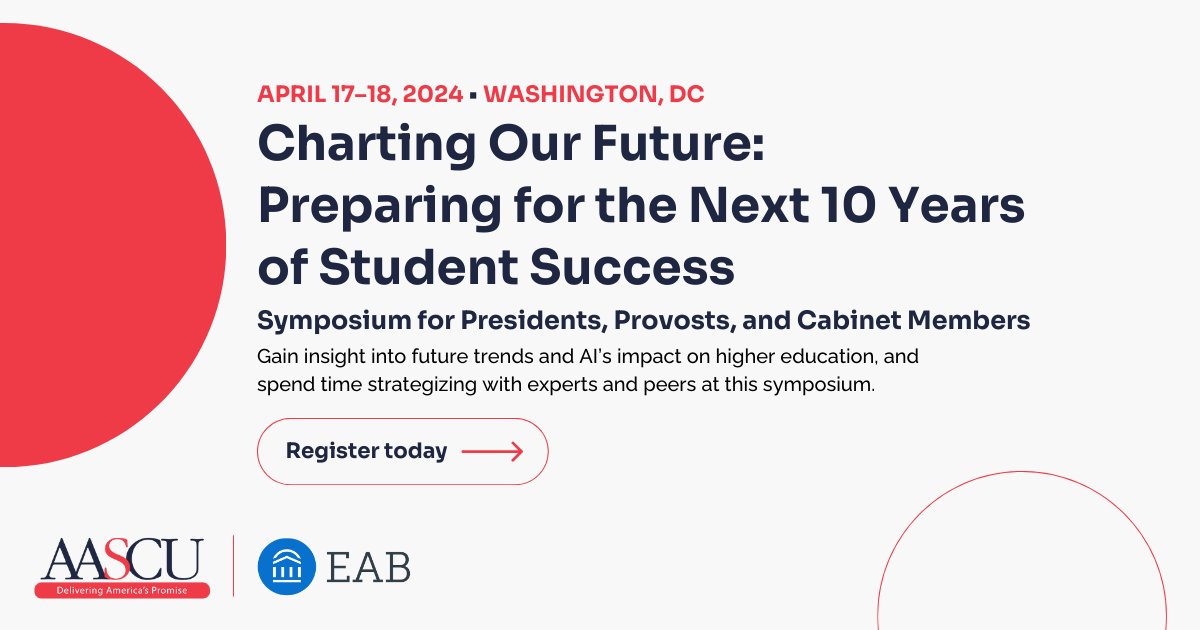 AASCU member presidents, provosts & cabinet members: Join @AASCU and @EAB for this upcoming symposium where we’ll do a deep dive into AI and understand its transformational potential for #HigherEd. Register: tinyurl.com/ytsjeu9v