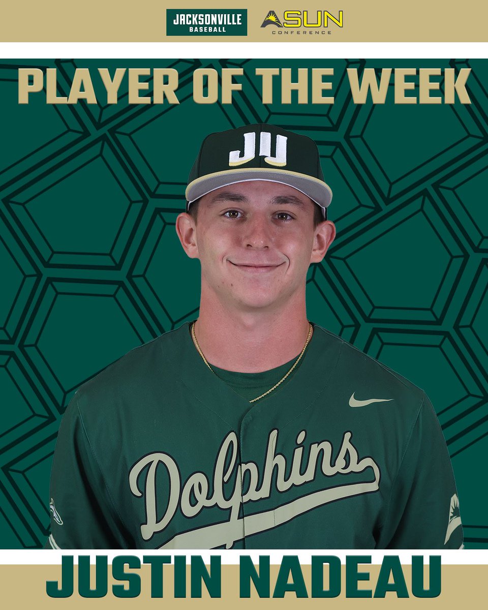 Congratulations to our guy Justin Nadeau for winning ASUN Player of the Week!🙌👏 Justin lit it up on the diamond this week, going 8-16 at the plate, scored 9 runs, hit his first HR of the year and hit in 8 RBIs, leading the ‘Phins to a 4-0 week🤟 Atta boy 6! 👊🐬 #JUPhinsUp