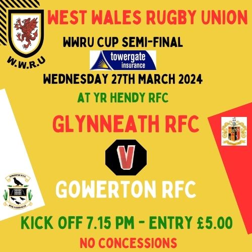 'REMINDER' WWRU Cup Semi-Final @glynrfc V @gowertonrfc Wednesday 27th March @yrhendy2 7.15pm ko #WWRU @AllWalesSport @WRU_Community @JamiePhotos