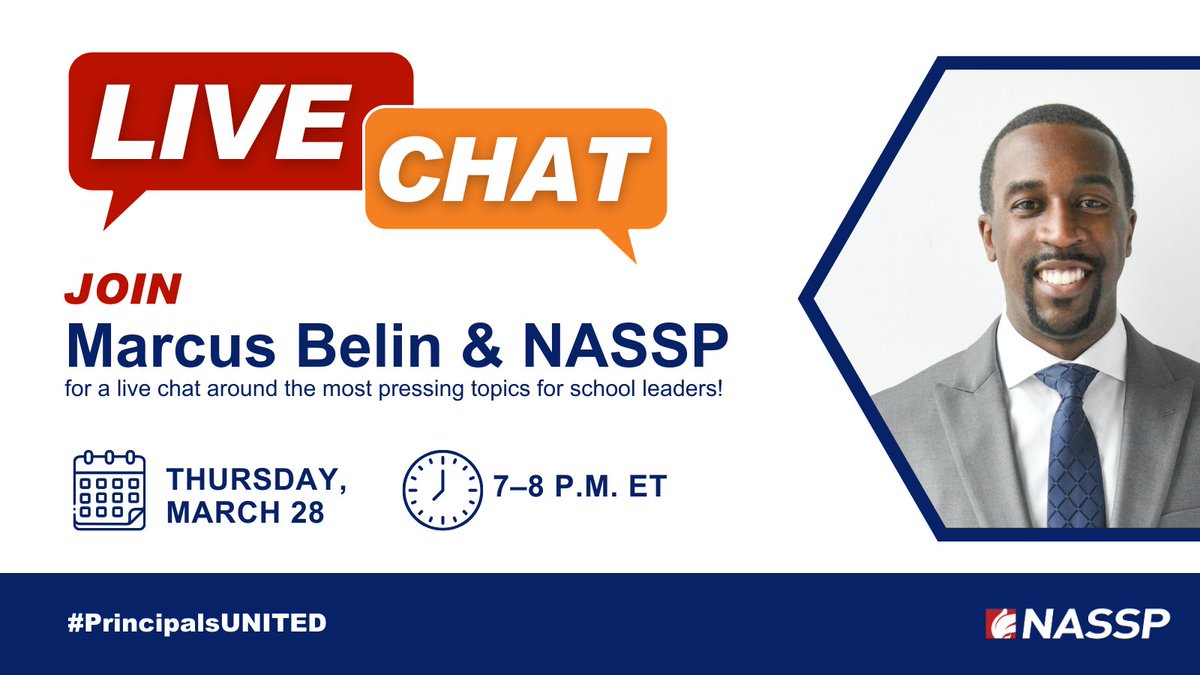 📣 Exciting News! Join us this Thursday, March 28th, 7-8pm ET for a live chat with @MarcusJBelin, Principal of Huntley High School & @NASSP Board Member. We’ll be discussing emerging tech trends and strategies on how to handle them in our school communities. #PrincipalsUNITED