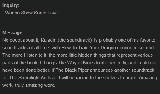 It's always nice to get a message like this. But also to beat out HTTYD?! 🥰 We had such an incredible music team on Kaladin, and we'll be ever grateful to @BrandSanderson for trusting us with his IP! #stormlightarchive #kaladinsoundtrack #brandonsanderson #fantasysoundtrack