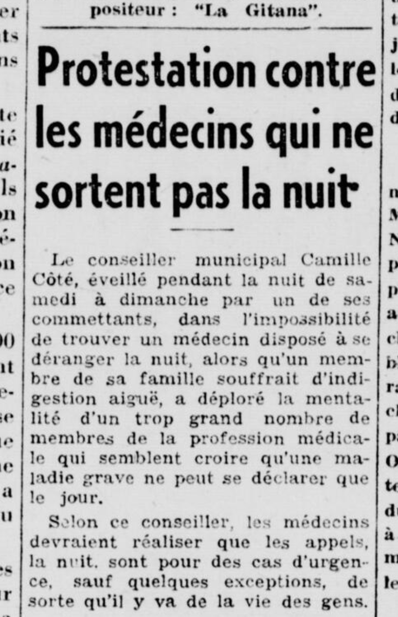 1947 Montréal En pleine nuit, pendant le weekend, un père de famille n'arrive pas à trouver un médecin qui accepte de se déplacer pour soigner à domicile une indigestion aiguë. Scandalisé, il réveille son conseiller municipal pour se plaindre.