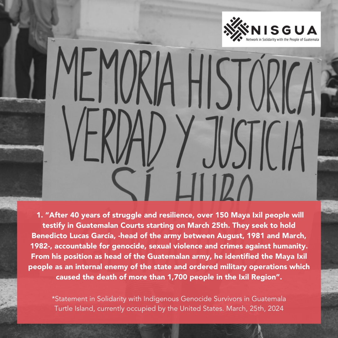 NISGUA_Guate's tweet photo. ЁЯХКя╕П Today, March 25, we stand in solidarity with the Association for Justice and Reconciliation (AJR) at a crucial moment: the beginning of the genocide trial of the Ixil People.
тЬКЁЯП╜ #IxilGenocide #JusticeNow #GenocideNeverAgain #MemoryTruthJustice. https://t.co/irF6lhm8ku