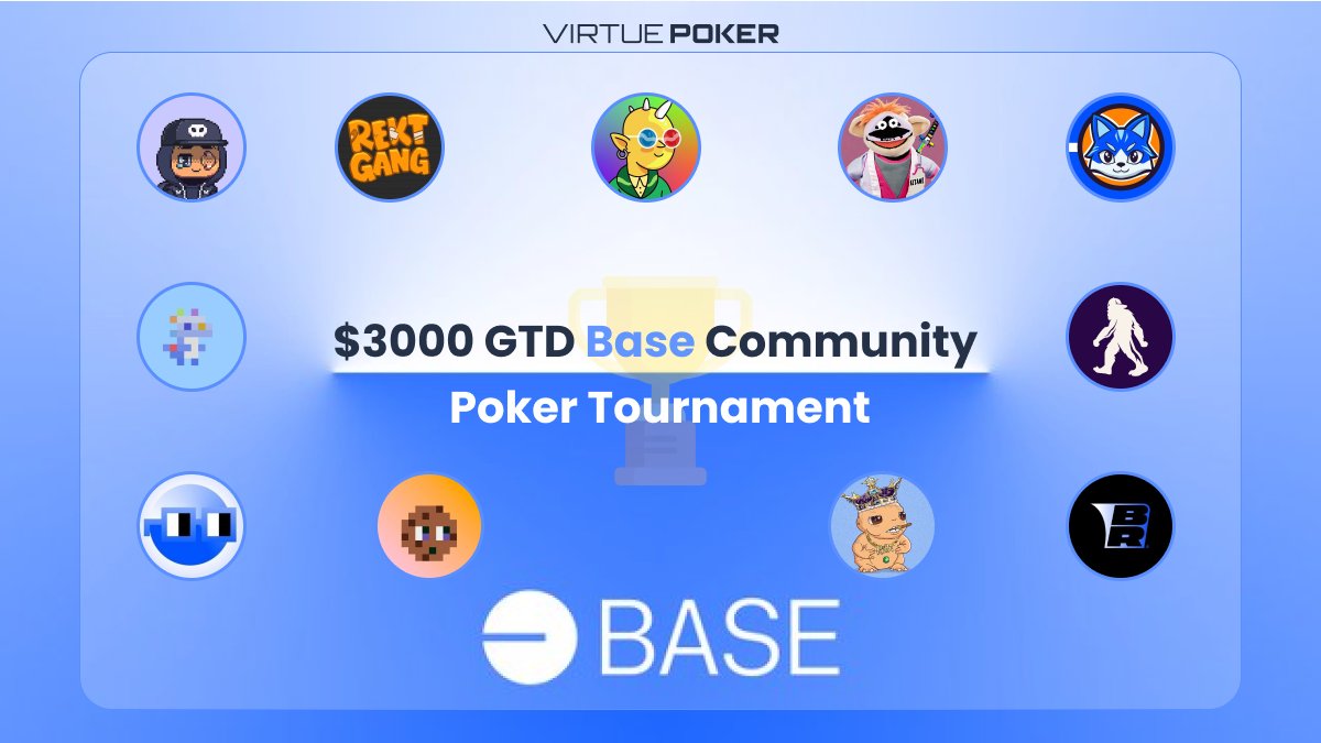Virtue_Poker's tweet photo. 🚀 We’re stoked to announce a $3k tournament to celebrate $VPP’s launch on Base this Sun! 

🤝 For holders: @basednouns  (+ BasedDAO) @OnChainDinos @based_fellas  @WeMYSTCL    @Toshi_base  @ShreddingSassy  @runnersbase404  @RiBTnft  @LegendaryLibr  @OnChainCookies  @rekt_gang
