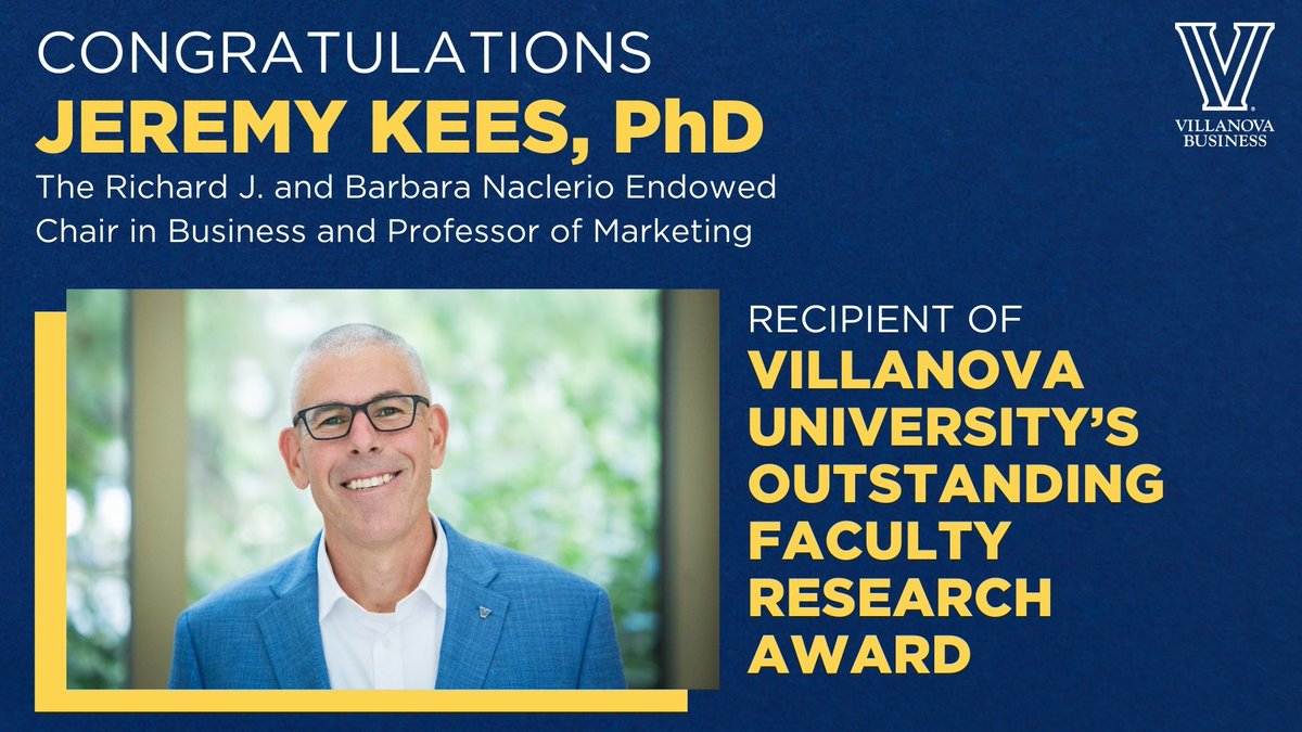 VSB is thrilled to share that Jeremy Kees, PhD, is one of this year’s recipients of Villanova University's Outstanding Faculty Research Award, the most prestigious research award conferred to a faculty member at @VillanovaU. Join us in congratulating Dr. Kees on this honor!