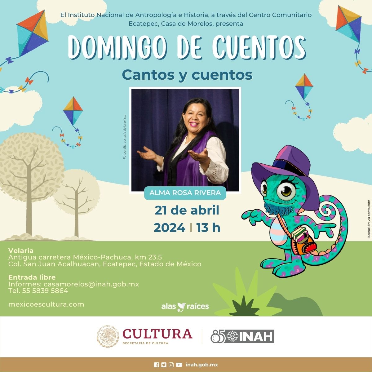 ¿Qué tal un #DomingoDeMuseos lleno de historias divertidas para todas las edades? #NoTePierdas a Alma Rosa Rivera con Cantos y cuentos. 🗣️ 🗓️ 21 de abril, 13 h. Centro Comunitario Ecatepec, Casa de Morelos 📍Antigua carretera México-Pachuca, Ecatepec, Edo. Méx. #EntradaLibre