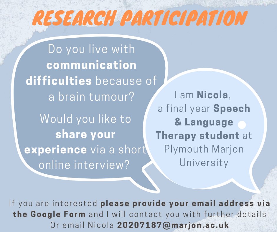 Do you have #aphasia because of a #braintumour? Would you like to share your experiences via a short online interview? Please get in touch or register your interest and I will contact you forms.gle/Jrr8KzMLJL2unv…