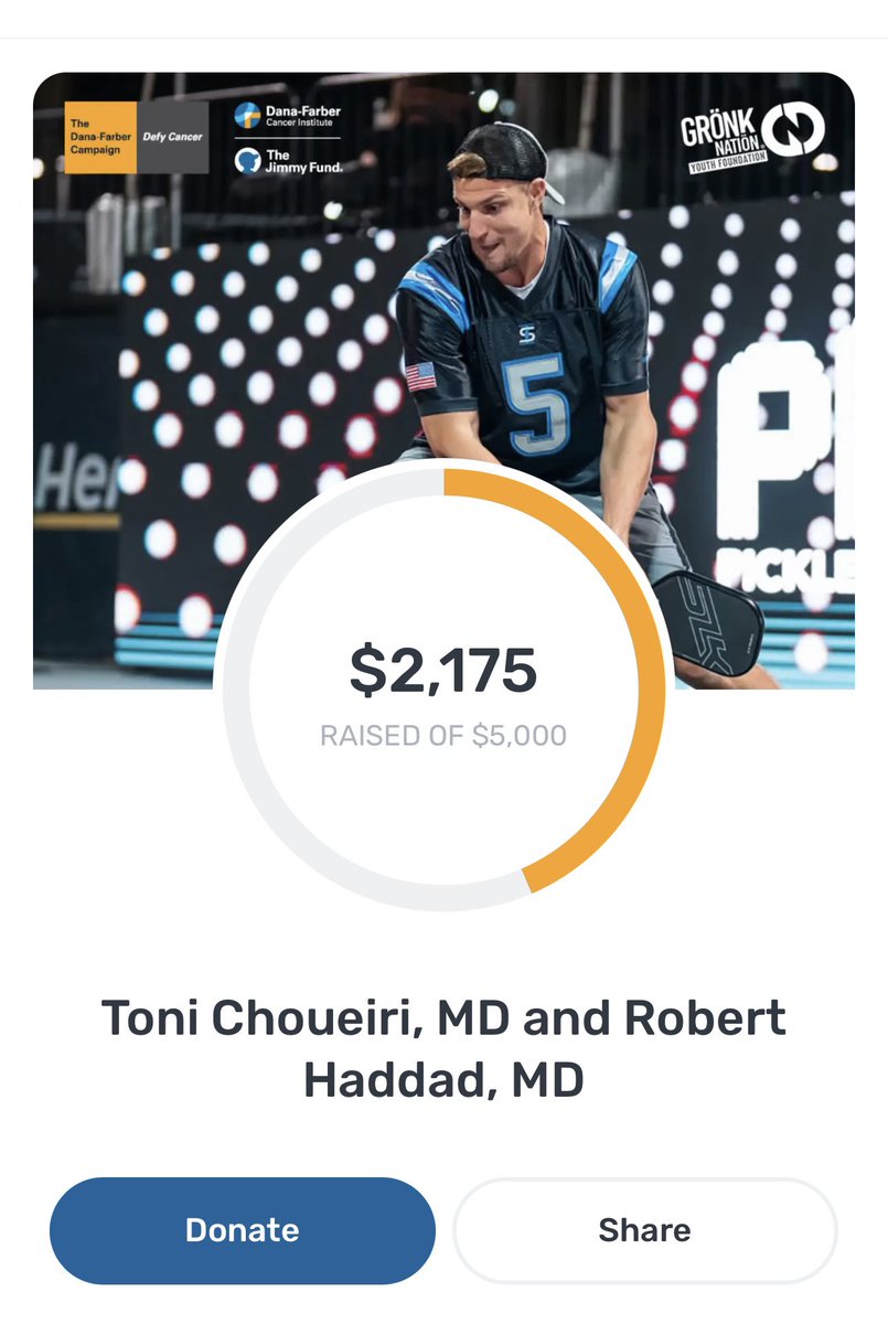 I’m teaming up with @DrHaddadRobert to play pickeball against @RobGronkowski and raise funds for cancer research for @DanaFarber ! Help us beat the Gronk (and Cancer!) charity.pledgeit.org/f/ozX6IMVf7v